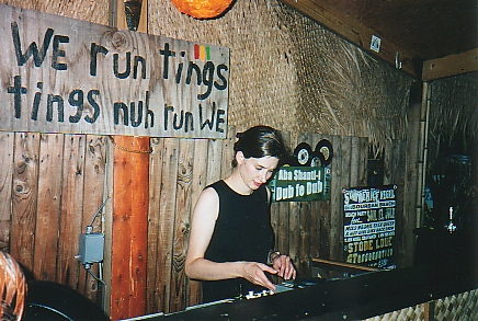 Christine Moritz playing on the roof
 at the Innerloop party at Five, July 31, 2004